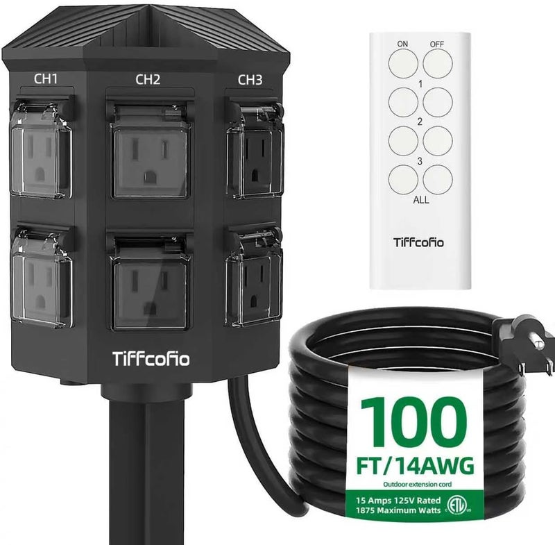 Tiffcofio موزع طاقة خارجي مع تحكم عن بُعد، سلك تمديد بطول 100 قدم مقاوم للماء، مآخذ تحكم مستقلة، 6 مآخذ مؤرضة لتزيين الهواء الطلق، 14 AWG، 15A/1875W، مدرج من ETL (100 قدم) - Image 1